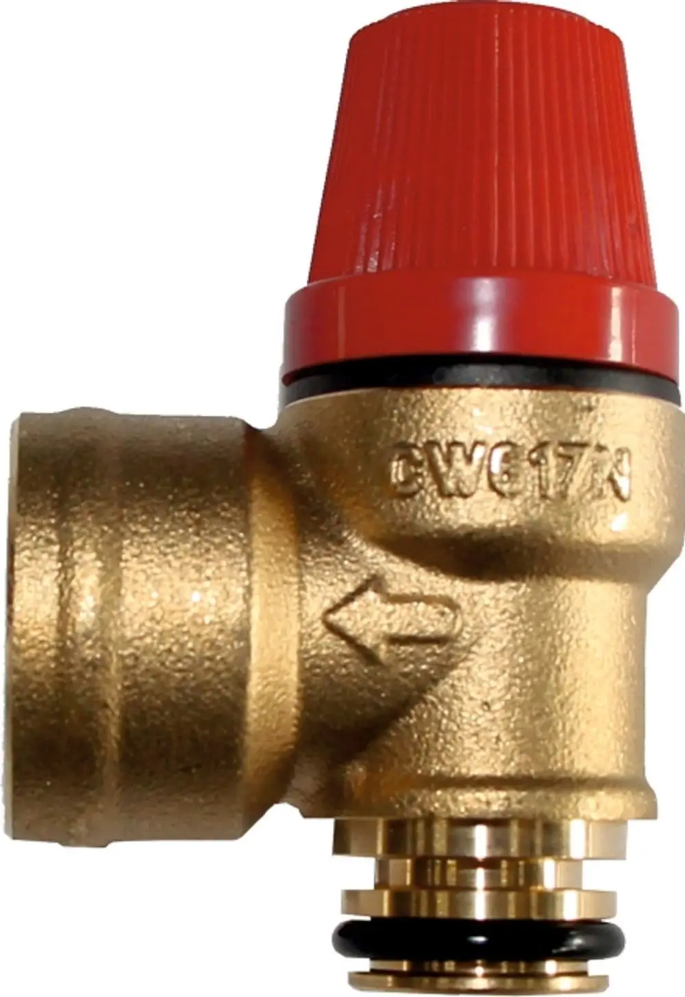 Sicherheitsventil aus Messing mit rotem Drehknopf und O-Ring, geeignet für Anwendungen in Heizsystemen von Wolf. Klar erkennbare Anschlussstellen für die Installation.